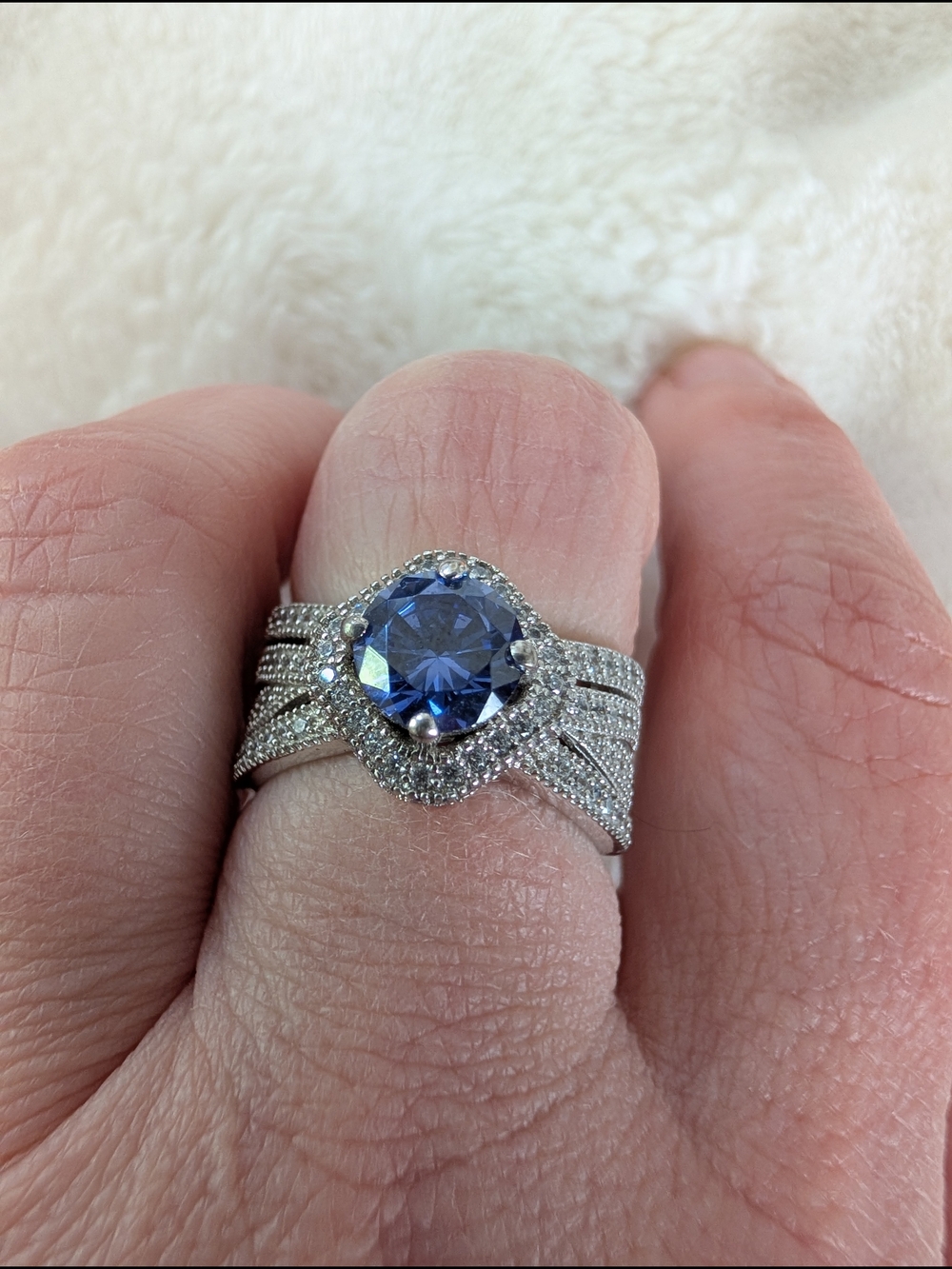 Sterling Silver Tanzanite CZ Halo Ring Size 7 | 925 Silver Pave Statement Ring